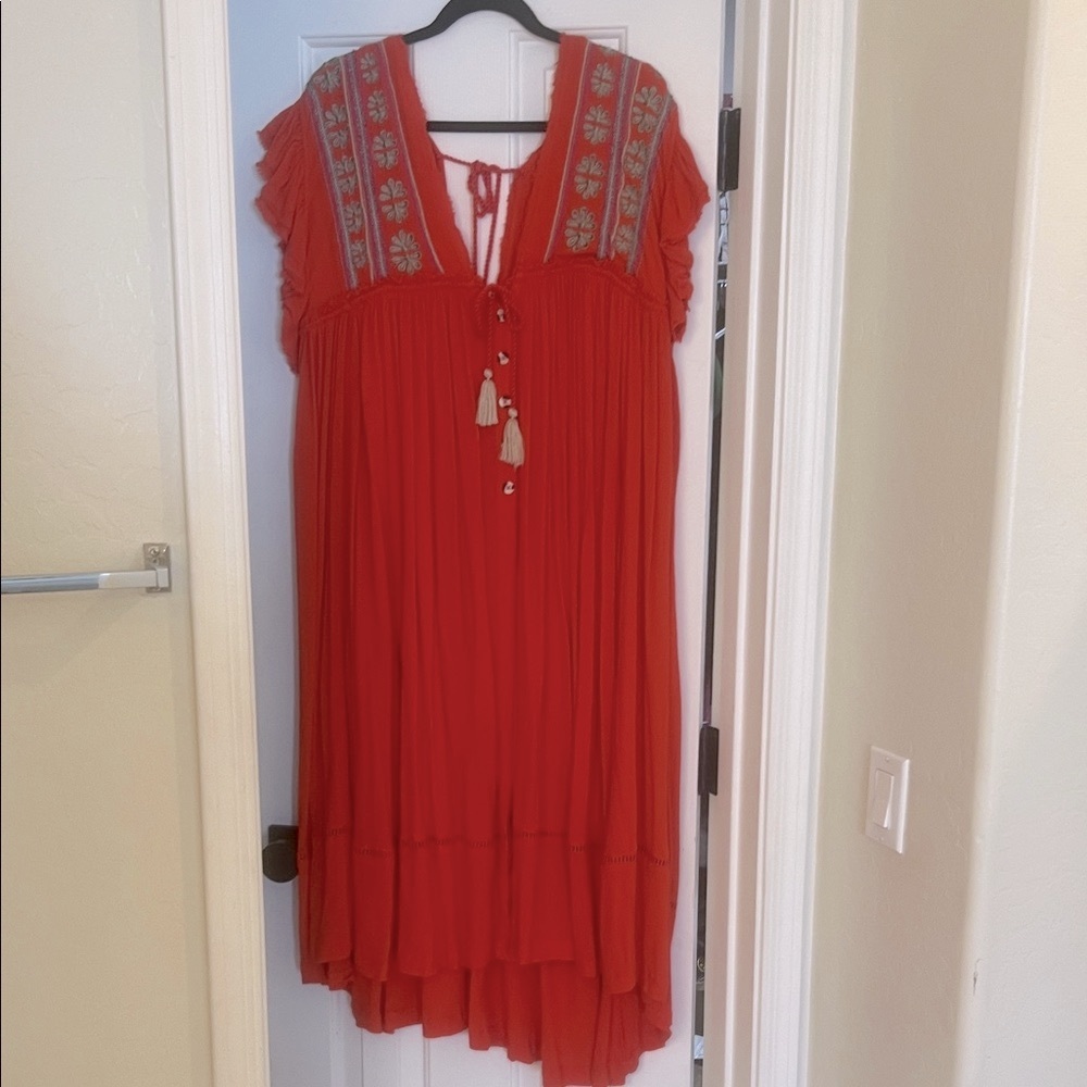Free People Red High Low Dress with Embroidery